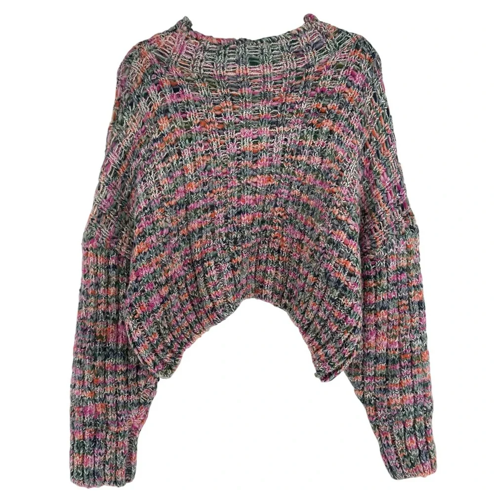 Free People Confetti Chunky Knit Crop Sweater S Multi Boho Cottagecore EUC